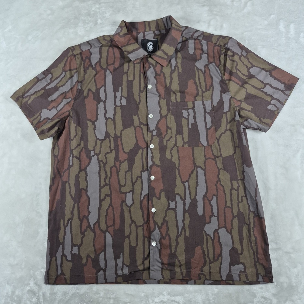 QILO Button Up Shirt Men's Large Green Brown Camo Short Sleeve Camp Collar